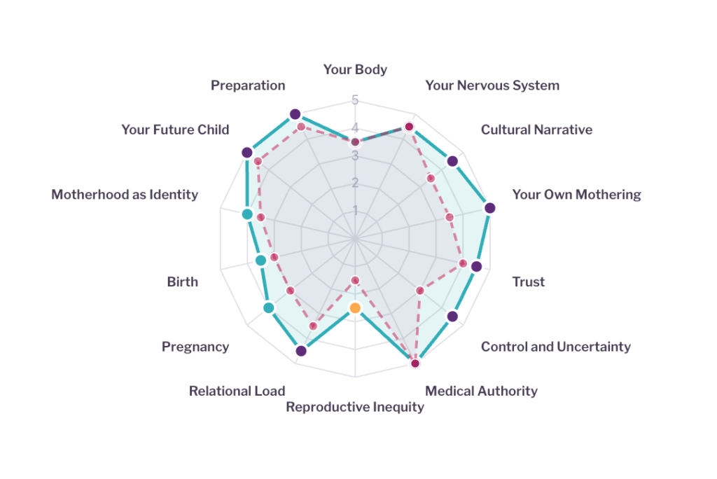 Birth Readiness Profile before and after three weeks of IVF burnout work: 13 of 14 dimensions moved, with nervous system and trust moving furthest